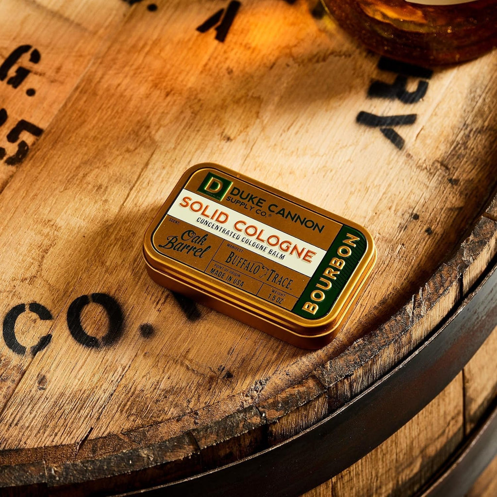Duke Cannon Supply Co. Solid Cologne for Men Bourbon (Woodsy, Charred Oak Barrel Scent) - Concentrated Balm, Travel-Friendly Convenient Tin, 1.5 oz