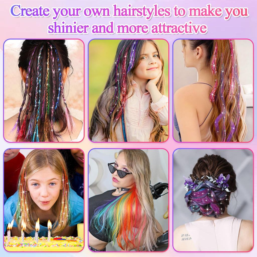 25Colors Fairy Hair Tinsels Kit 5000 Hair Glitter Strands 48Inch Heat Resistant Tinsel Hairs Extension Sparkling Shiny Highlights Hairs Tinsel with Tools for Christmas Halloween New Year Cosplay Party