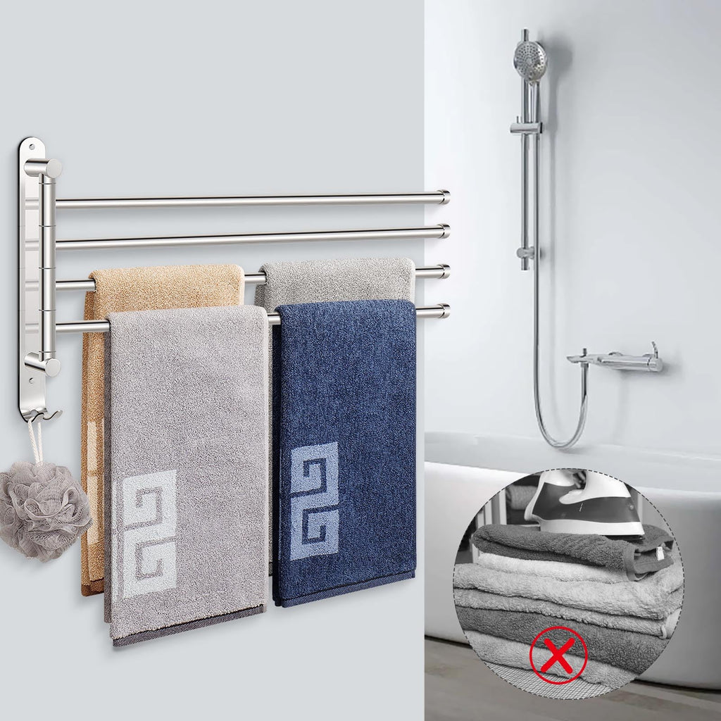NearMoon Swivel Towel Rack, 19.5" Thicken 304 Stainless Steel 4-Arm Towel Bar, Space Saving Wall Mounted Towel Holder with Hook, Rustproof Swing Out Towel Hanger for Bathroom, Kitchen (Chrome Finish)