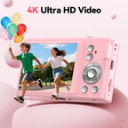 Digital Camera 4K for Kids: 48MP Pink Camera for Teens Photography - Christmas Birthday Gifts for Girls - 16X Zoom Shoot for Vlogging - Compact Camera for 6 7 8 9 10 Years Old- Toys for Toddler