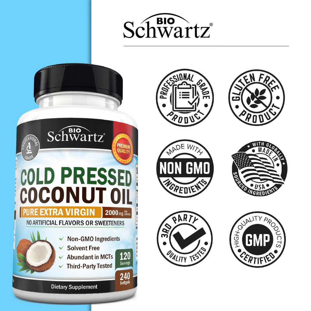 Coconut Oil Capsules 2000mg - Organic Pure Extra Virgin Unrefined Cold Pressed MCT Rich & Non-GMO for Healthy Skin Nails Hair Growth Support Bloating Anti Aging Digestion - 240ct (4 Month Supply)