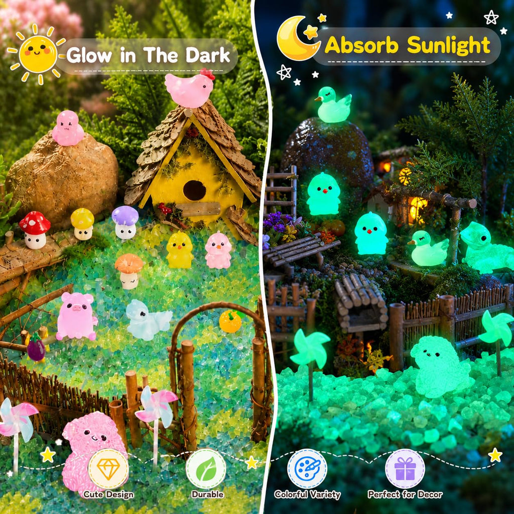 LJMBOEN 400pcs Luminous Mini Resin Animal in The Dark Tiny Miniature Figures Ornament Duck Frog Mushroom Owl Dog Rabbit Crab Dolphin Shell Fairy Garden Accessories Aquarium Landscape Bonsai Decor