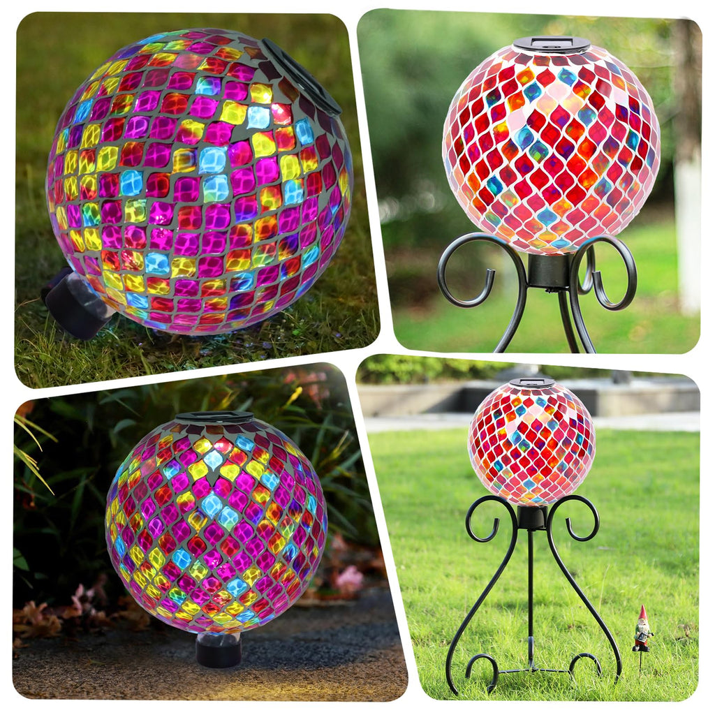 VCUTEKA Solar Gazing Ball, 10" Mosaic Glass Garden Globe Outdoor Decor, Red