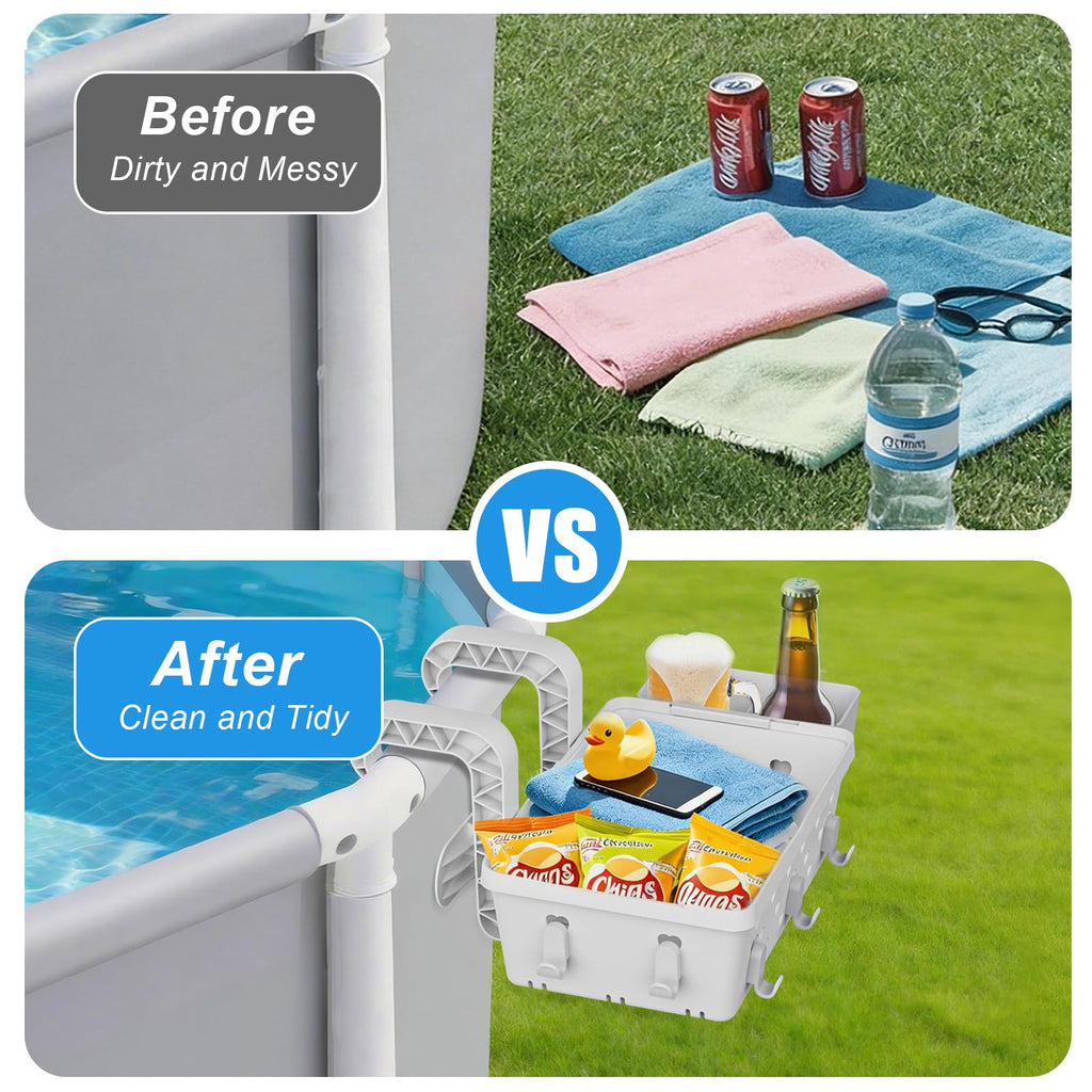 IZCUZK 2 Pack Poolside Storage Basket for Above Ground Pool, Hanging Pool Storage Organizer with Cup Holder & Hooks, Pool Accessories Organizer for Towels, Goggles, Toys (Grey)