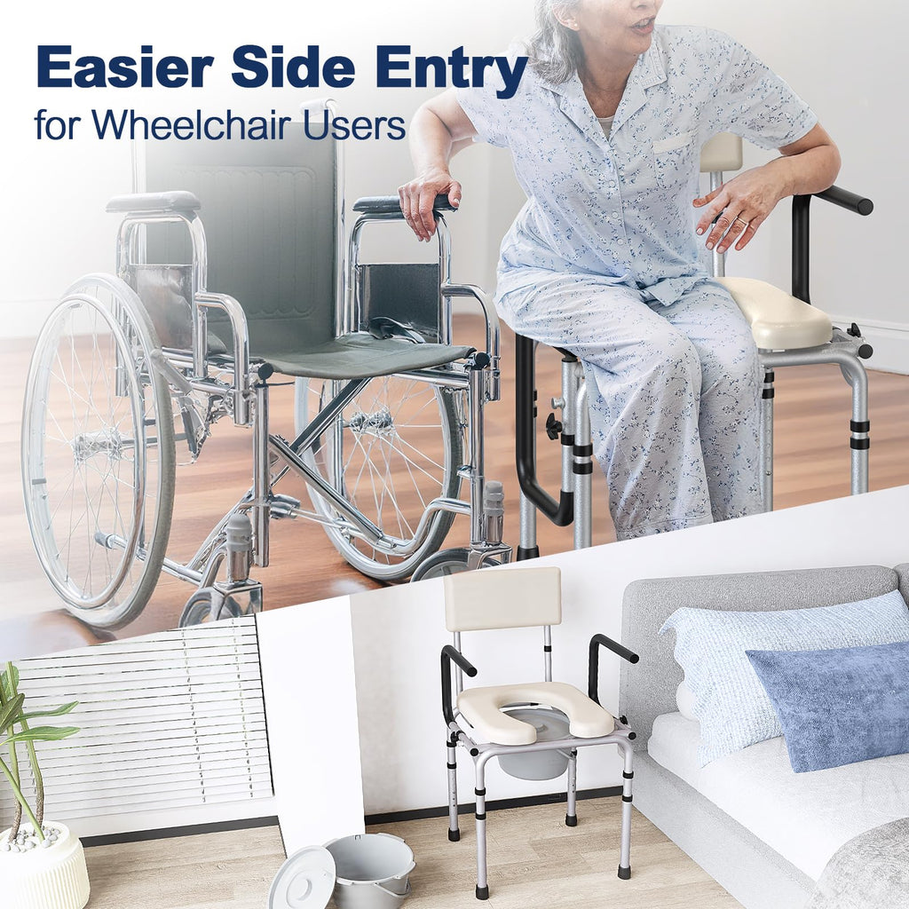 HolyHeal Drop Arm Bedside Commode, Commode Toilet with Padded Seat and Backrest, 400lbs Capacity, 6.3QT Removable Bucket and Splash Guard, Adjustable Height Portable Toilet for Adults, Beige