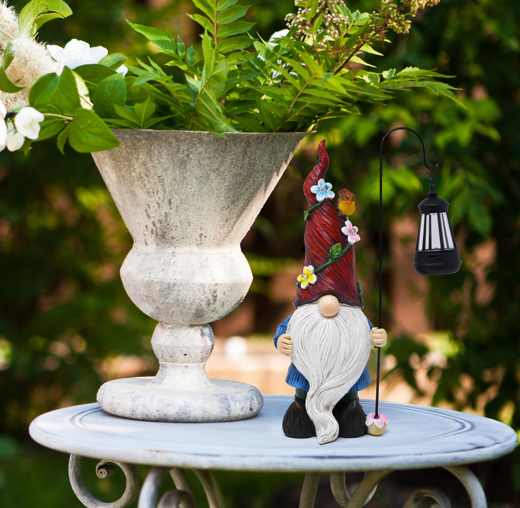 Outdoor Garden Gnome Statue with Solar Lantern Light Resin Yard Decor Patio Lawn Pathway Figurine Holiday Decoration Gnome Gift for Women Mom