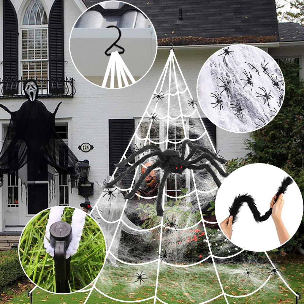 Spider Web Halloween Decorations Outdoor Lights, 125 Purple LED Light Up 16.4Ft Giant Spiderweb & 60" Large Spider & 22 Small Spiders & 20g Stretch Cobweb, 8 Modes Lighted Decor for Yard Outside
