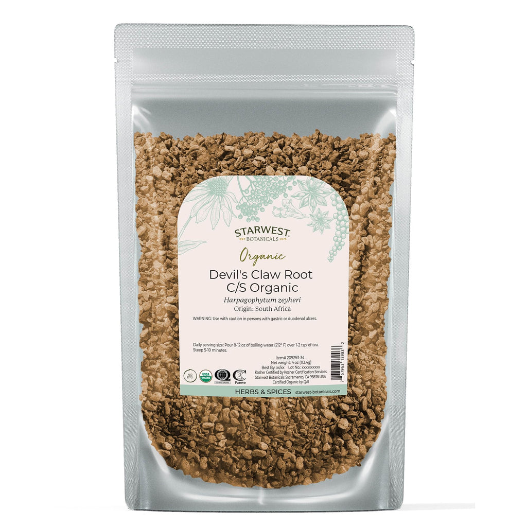 Starwest Botanicals Organic Devil's Claw Root - Dried Herb for Tea & Natural Herbal Blends, Pure Devil's Claw Root, Cut & Sifted, Certified Kosher, Non-GMO - 4 oz Pouch