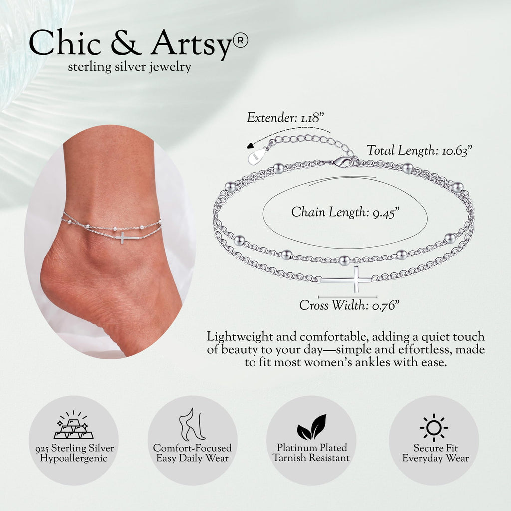 CHIC & ARTSY Cross Anklet 925 Sterling Silver Sideways Cross Ankle Bracelet Christian Layered Anklet for Women Double Chain Sexy Ankle Bracelet 11 inches