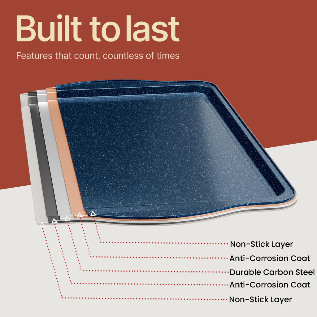 BAKKEN Kitchen Baking Pan Set - Nonstick Coating, Carbon Steel Bakeware Sets with Blue Silicone Handles, Baking Kitchen Essentials, PFOA, PFOS, PTFE Free, Oven Safe Tray (Up To 450° F), Set of 6