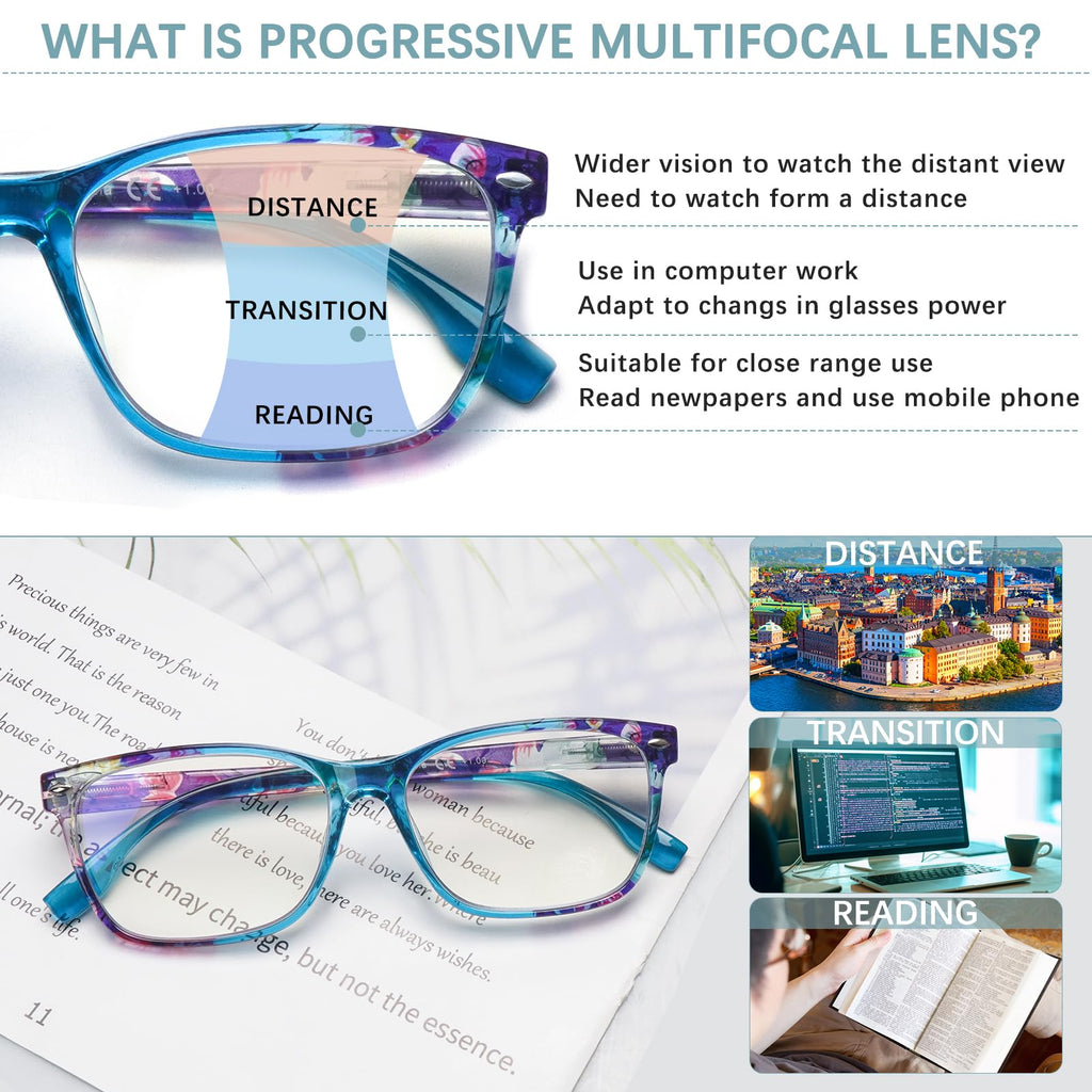 CLASAGA Progressive Multifocus Reading Glasses for Women,Blue Light Blocking Spring Hinge Fashion Pattern Print Computer Readers (pattern design-5, 1.5, x)