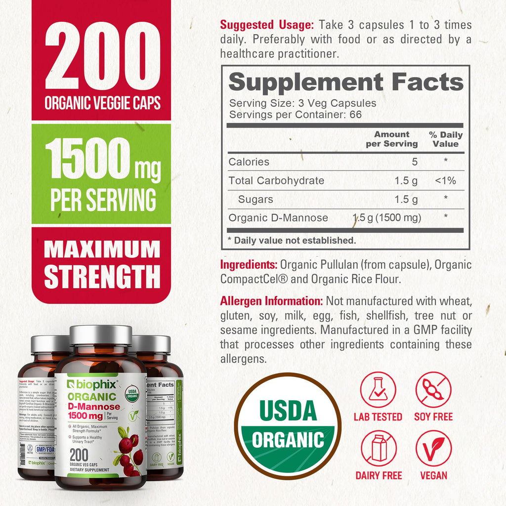 biophix D-Mannose USDA Organic 1500 mg 200 Veggie Caps - Supports a Healthy Bladder Urinary Tract, Non-GMO, Vegan-Friendly