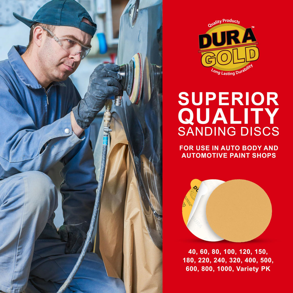 Dura-Gold Premium 6" Gold PSA Sanding Discs - 220 Grit, Box of 50 - Self Adhesive Stickyback Sandpaper for DA Sander, Finishing Coarse-Cut Abrasive - Sand Automotive Car Paint, Woodworking Wood, Metal