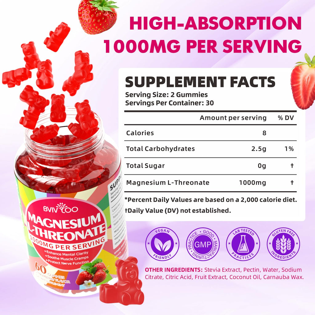 1000mg Magnesium L-Threonate Gummies for Kids & Adults - Muscle & Nervous System Support, Vegan, Sugar-Free Strawberry Flavor, 120 Gummies
