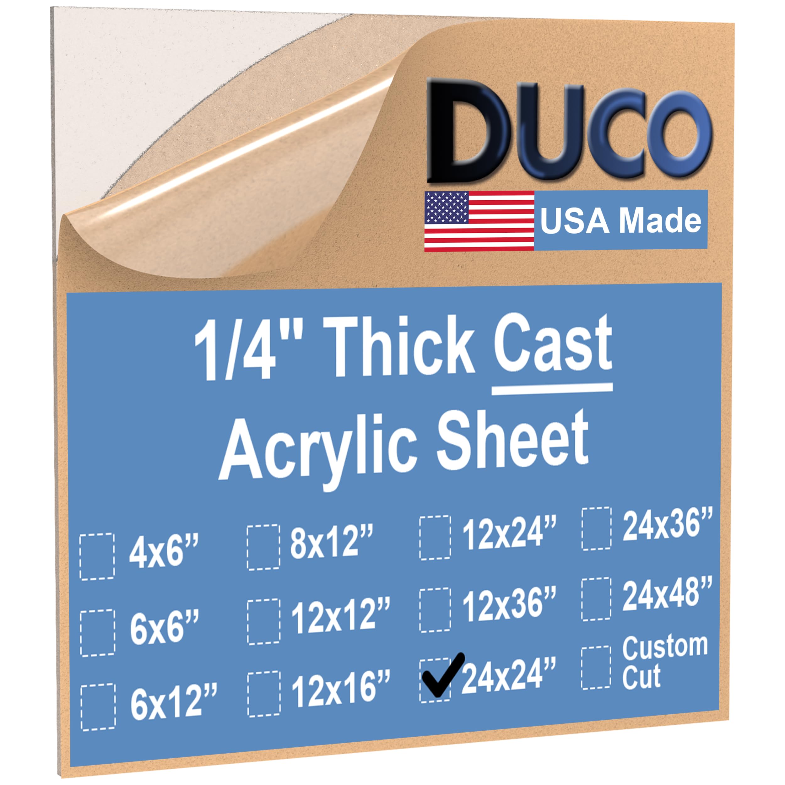Duco Clear Cast Acrylic Sheets 1/4" (6mm) Thick 24" x 24" - 1 Pack of USA-Made Transparent Plexiglass Sheet - Shatter Resistant Acrylic Board for Window Replacements, Displays, Signs, & Shelving