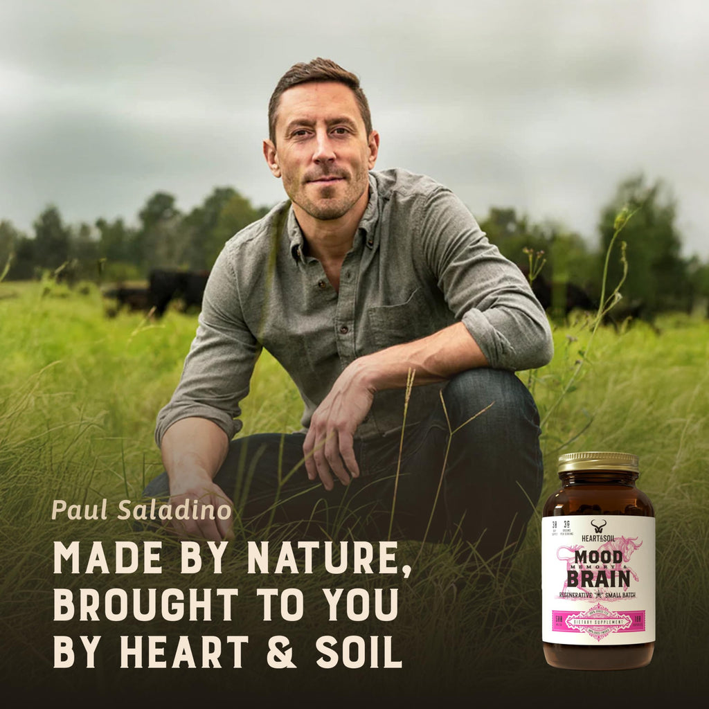HEART & SOIL – 100% Grass Fed & Finished Beef Brain Supplement from Regenerative Cattle – for Cognitive Function & Memory – 3000mg Focus Supplement with Beef Organs – Glass Bottle – 180 Capsules