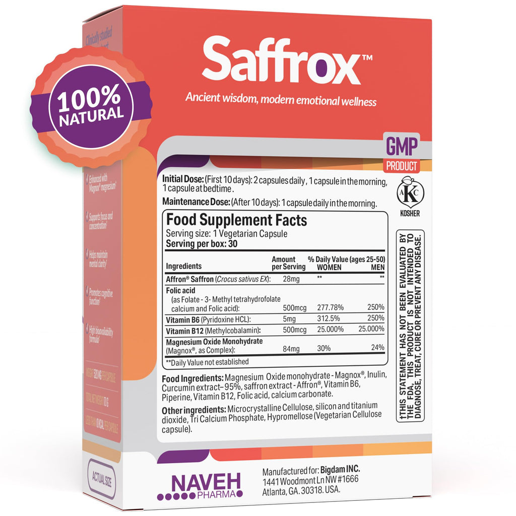 NAVEH PHARMA Saffrox™ Saffron Supplements | 30 High Strength Saffron Extract Capsules | Affron® 28mg | Natural Mood Booster, Focus & Brain Supplement