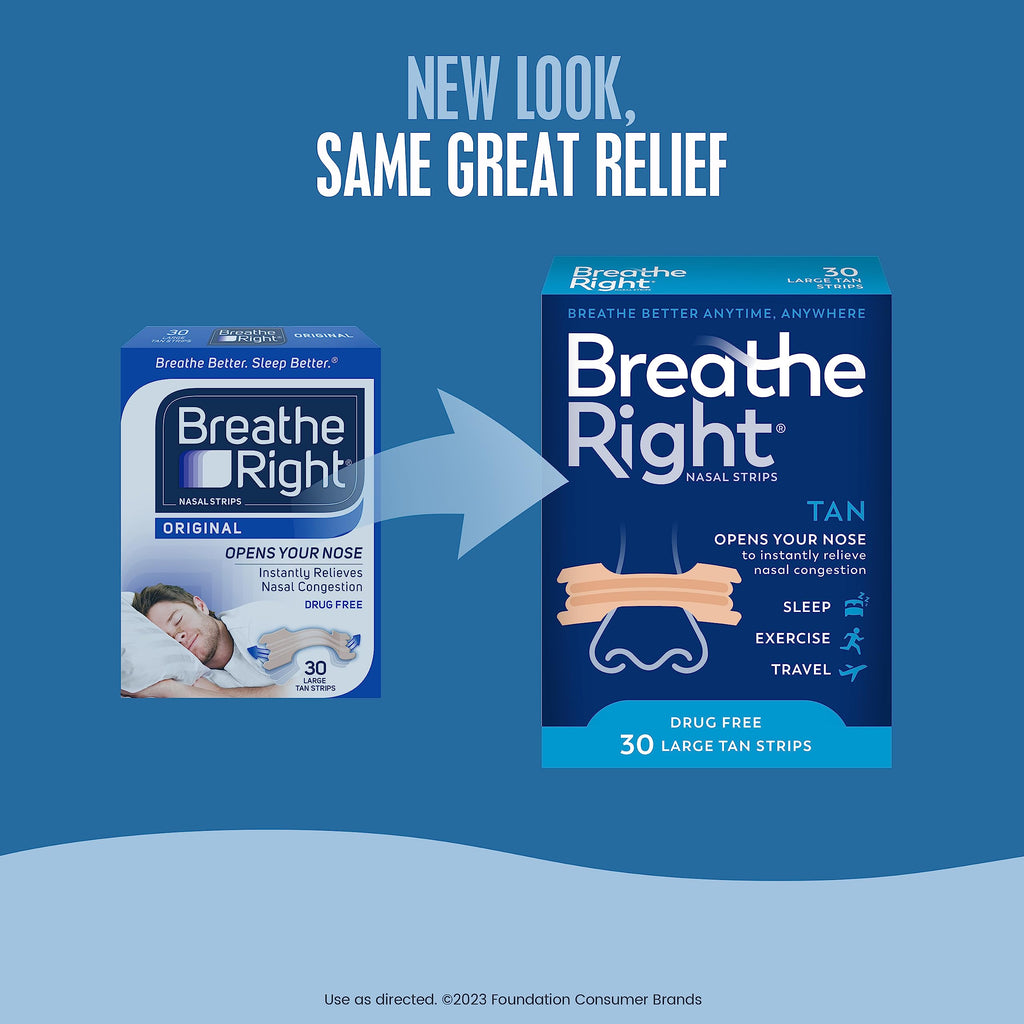 Breathe Right Nasal Strips, Extra Strength Tan Nose Strips, Drug-Free Nasal Congestion Relief for Better Breathing, Help Relieve Snoring, Caused by Colds & Allergies, Deviated Septum, 30ct