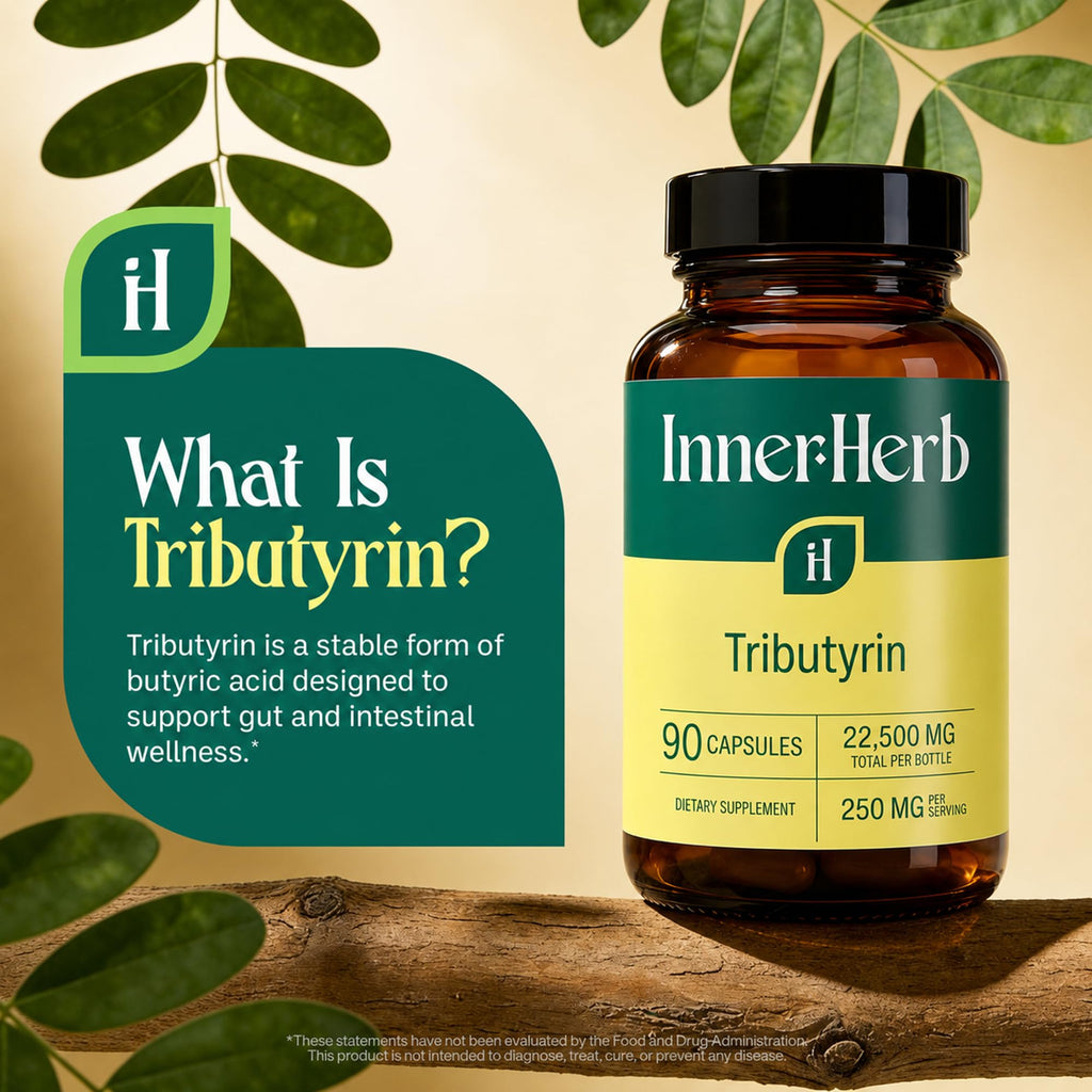 InnerHerb Tributyrin 250mg Supplement | Single Ingredient Tributyrin | 90 Vegan Capsules | Clean Label | Unflavored | 1 Capsule Daily | 90-Day Supply