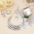 JOERICA Bib Choker Necklace Silver Jewelry Set Wide Cuff Bangle Bracelet Open Hoop Earrings Adjustable Ring Chunky Silver Statement Costume Jewelry Set for Women