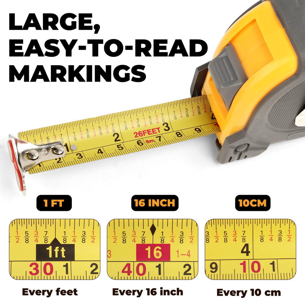 MulWark 2 Pack Metric Tape Measure, Easy Read Measuring Tape Retractable with Fractions 1/8, Both-Side Metal Blade, Magnetic Hook & Shockproof Case for Construction, Carpenter, Architect, Woodworking
