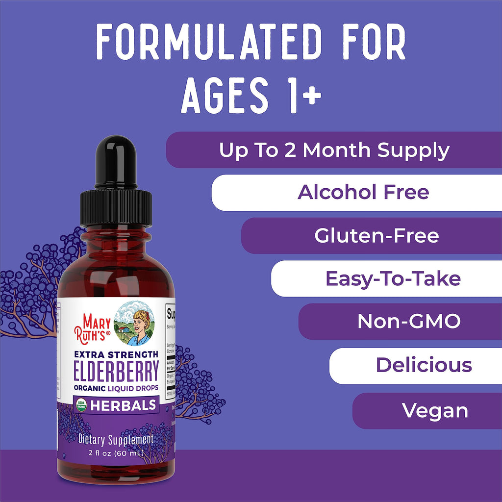 MaryRuth Organics Elderberry Syrup Extra Strength, USDA Organic Elderberry, Sugar Free Adults & Kids Immune Support Supplement for Ages 1+, Clean Label Project Verified®, Vegan, Gluten Free, 2 Fl Oz