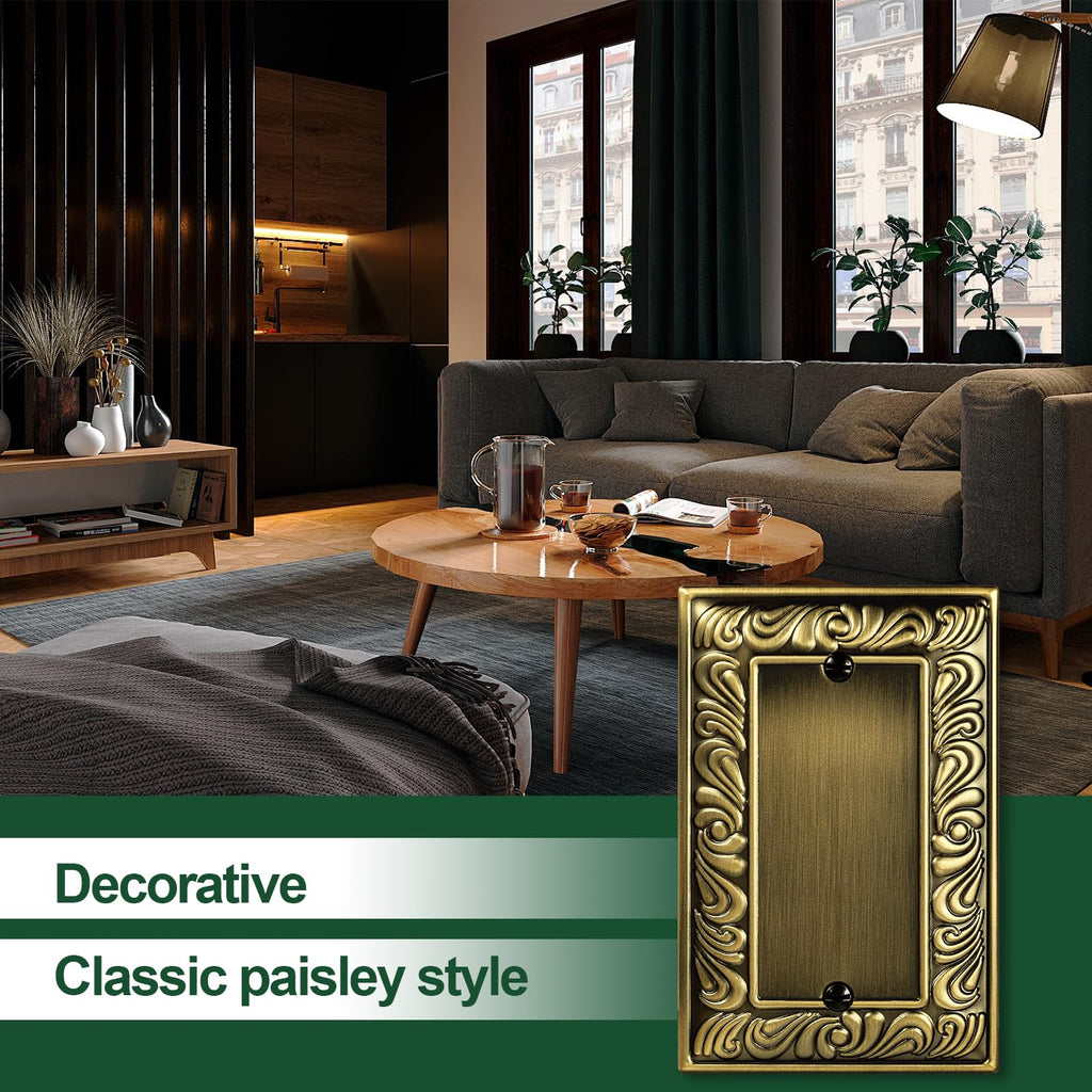 Antique Brass Decorative Wall Plate Light Switch Cover Decorator Outlet Covers Rocker Switch Plates Metal Material Wall Plates for Kitchen Bathroom (1 Gang Single Blank-6 Pack)