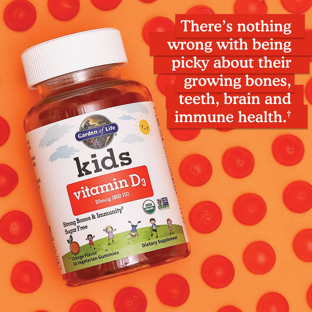 Garden of Life Kids Organic Vitamin D3 Gummies with 800 IU (100% Daily Value) for Strong Bones,Teeth,Brain & Immunity – Non-GMO,No Gluten,Vegetarian,Sugar Free,Orange Flavor,60 Count(Pack of 2)