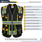 JKSafety 10 Pockets Hi-Vis Zipper Front Black Safety Vest | Cushioned Collar | High Reflective Tapes with Extended Neon Yellow Strips | Meets ANSI/ISEA Standards (Large, 89-Black)