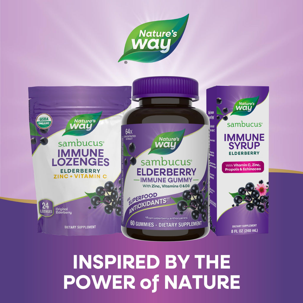 Nature's Way Sambucus Elderberry Gummies, Immune Support Gummy for Adults & Kids Ages 4+ with Black Elderberry Extract, Vitamin C, Vitamin D3, and Zinc*, 60 Gummies (Set of 3)
