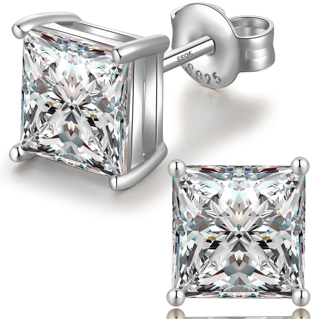 18K White Plated Sterling Silver Princess Cut Cubic Zirconia Stud Earrings Square Simulated Diamond CZ Stud Earrings for Women Men Hypoallergenic 6mm