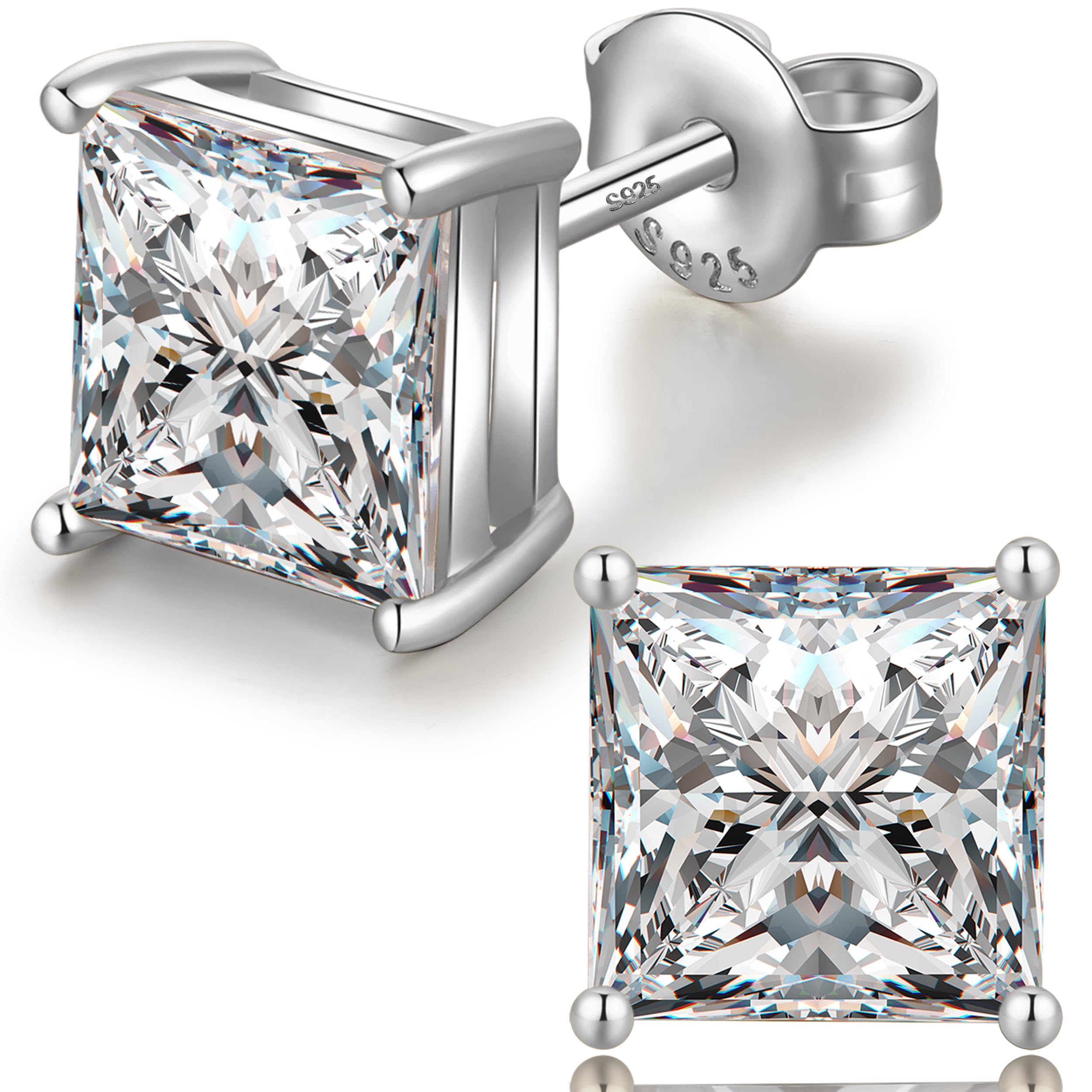 18K White Plated Sterling Silver Princess Cut Cubic Zirconia Stud Earrings Square Simulated Diamond CZ Stud Earrings for Women Men Hypoallergenic 6mm