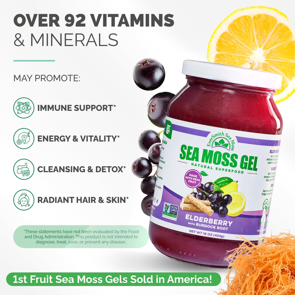 EverSmith Organics - Wildcrafted Irish Sea Moss Gel | Made in USA | Rich in Vitamins & Minerals | Sea Moss Gel Raw | Nutritional Supplement | Elderberry (16 oz)