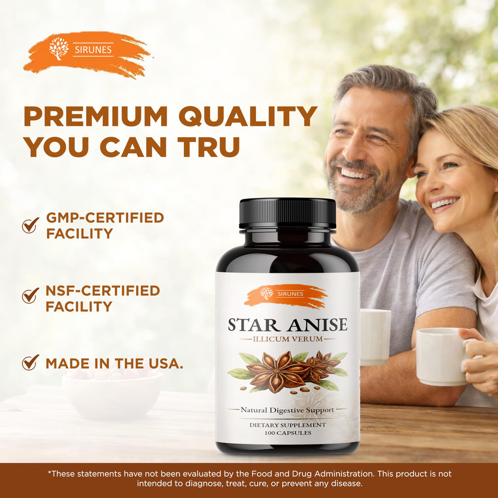 SIRUNES Star Anise Capsules (Illicium Verum) – 800 mg per Serving, 400 mg per Capsule – Herbal Star Anise Supplement – Natural Botanical Spice Extract – Gelatin Capsules – 100 Count