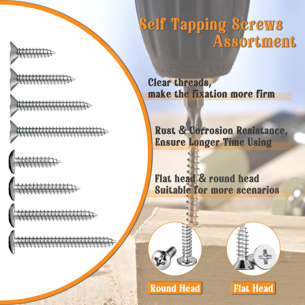 Dianrui 1200 PCS Wood Screws Assortment Kit, Assorted 304 Stainless Steel Screws M3/M4/M5/M6, ‌Phillips Drive Sheet Metal Self Tapping Screw Set Marine Grade (Pan & Flat Head Screw) Length 1/4" to 2"