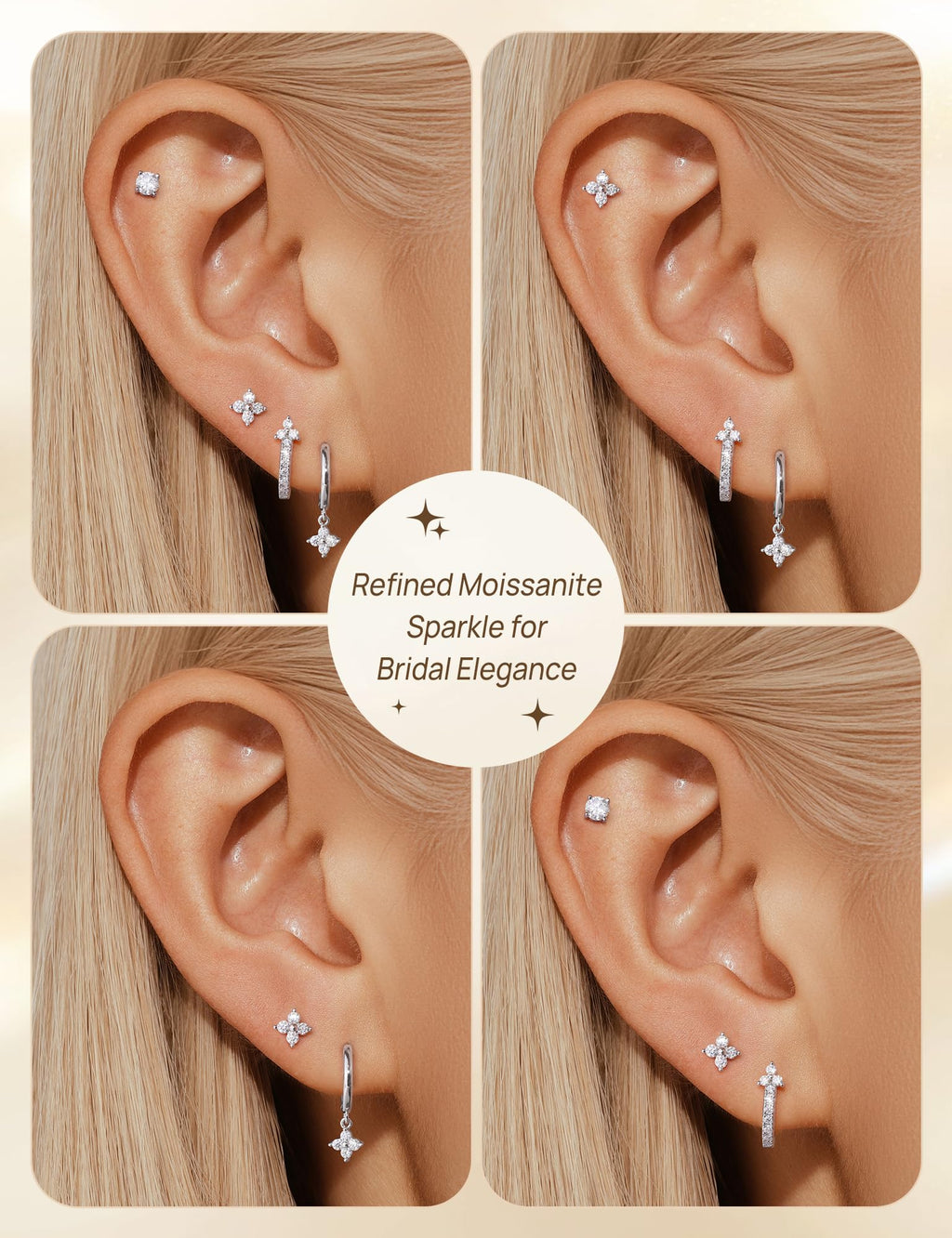 4 Pairs Moissanite Flat Back Earrings, 925 Sterling Silver Ear Stack