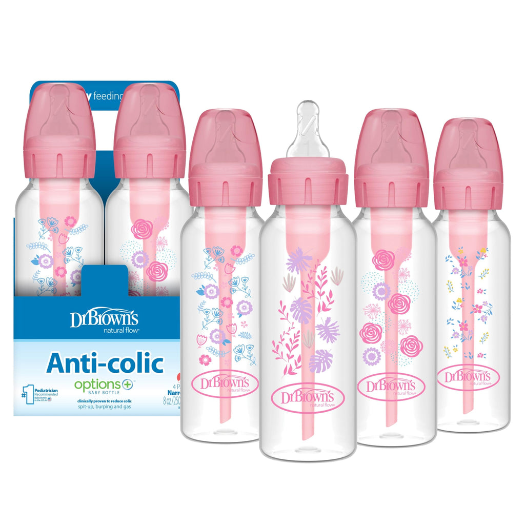 Dr. Brown's Anti-Colic Options+ Narrow Baby Bottle, Floral, 8 oz, 4-Pack