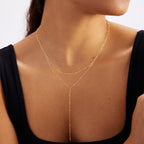 Foxgirl Lariat Gold Necklace for Women, Dainty Long Necklace 14k Gold Plated Satellite Y-Shaped Pendant Necklace Trendy Layered Chain Drop Necklaces Simple Gold Jewelry for Women Gift