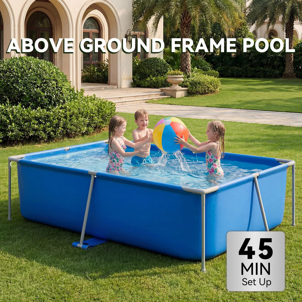 SunSwell Metal Frame Swimming Pool for Family, Rectangle Above Ground Pool for Outdoor, Easy Setup for Backyard, Garden, Camping - Durable PVC