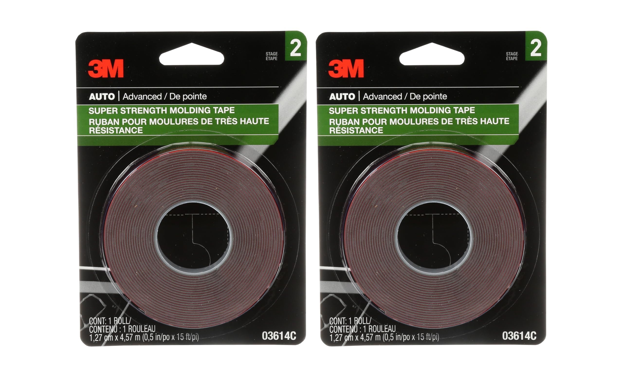 3M Scotch-Mount Automotive Molding Tape, Super Strength Double-Sided Adhesive, 1/2 Inch x 15 Ft per Roll (Pack of 2) – for Car Trim, Emblems, Moldings