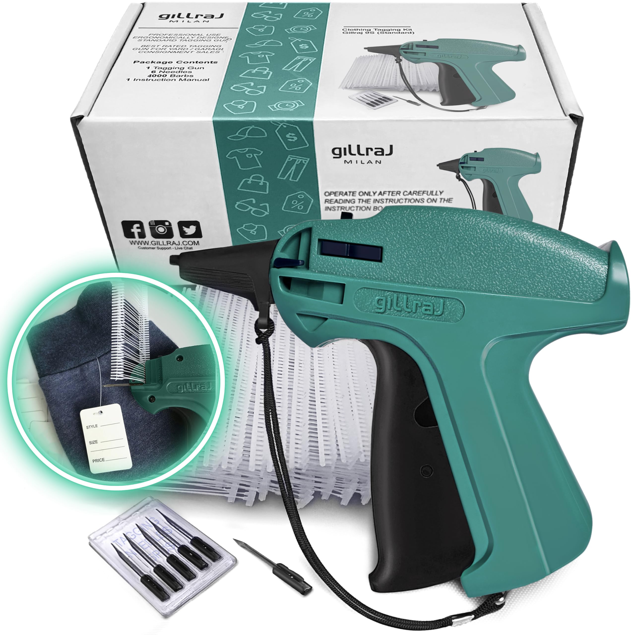 GILLRAJ® Price Tagging Gun【Not-a-Stitch-Gun】 Hangtag Attacher with 4000pcs 0.5" Long Barbs Fasteners & 6 Needles, Retail Pricing Tag Gun for Stores Consignment Garage Yard Sale