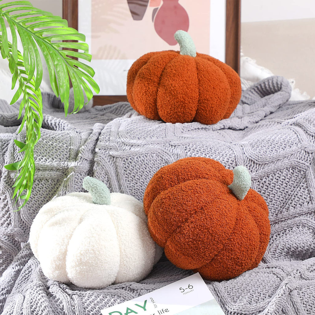Kajaia 2 Pcs 3D Pumpkin Pillow Fall Decor Halloween Cushions, White, Brown