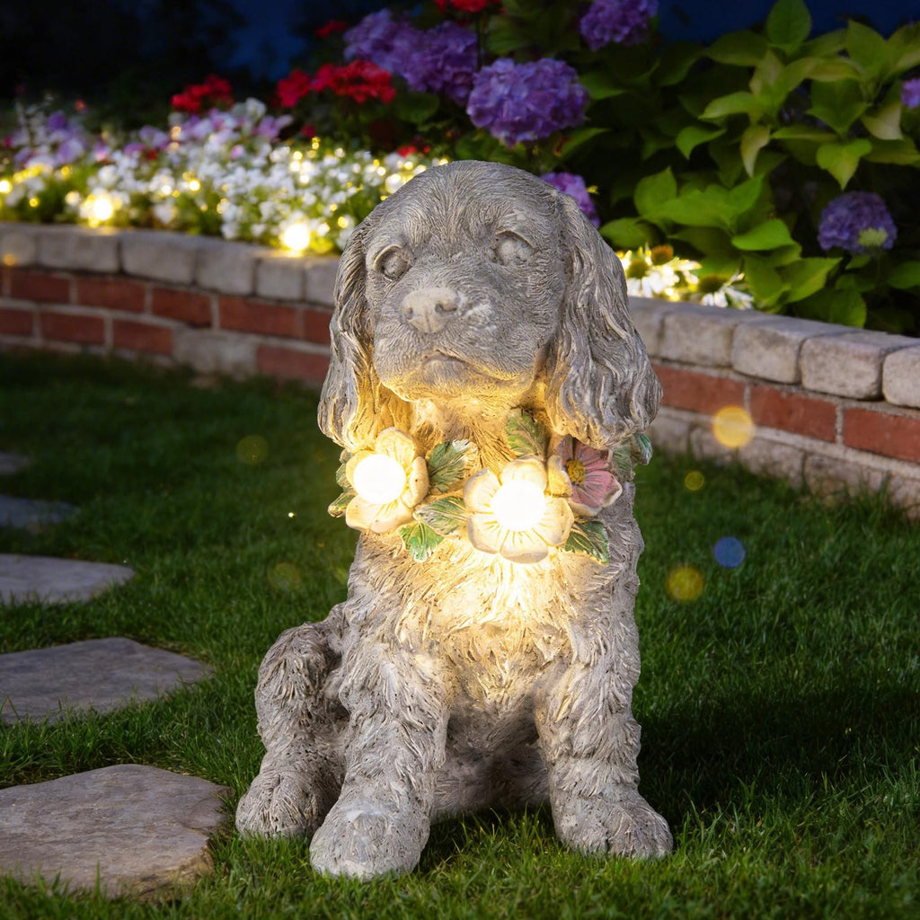 Dog Garden Statue, Solar Cocker Spaniel with Lighted Garland Yard Ornaments