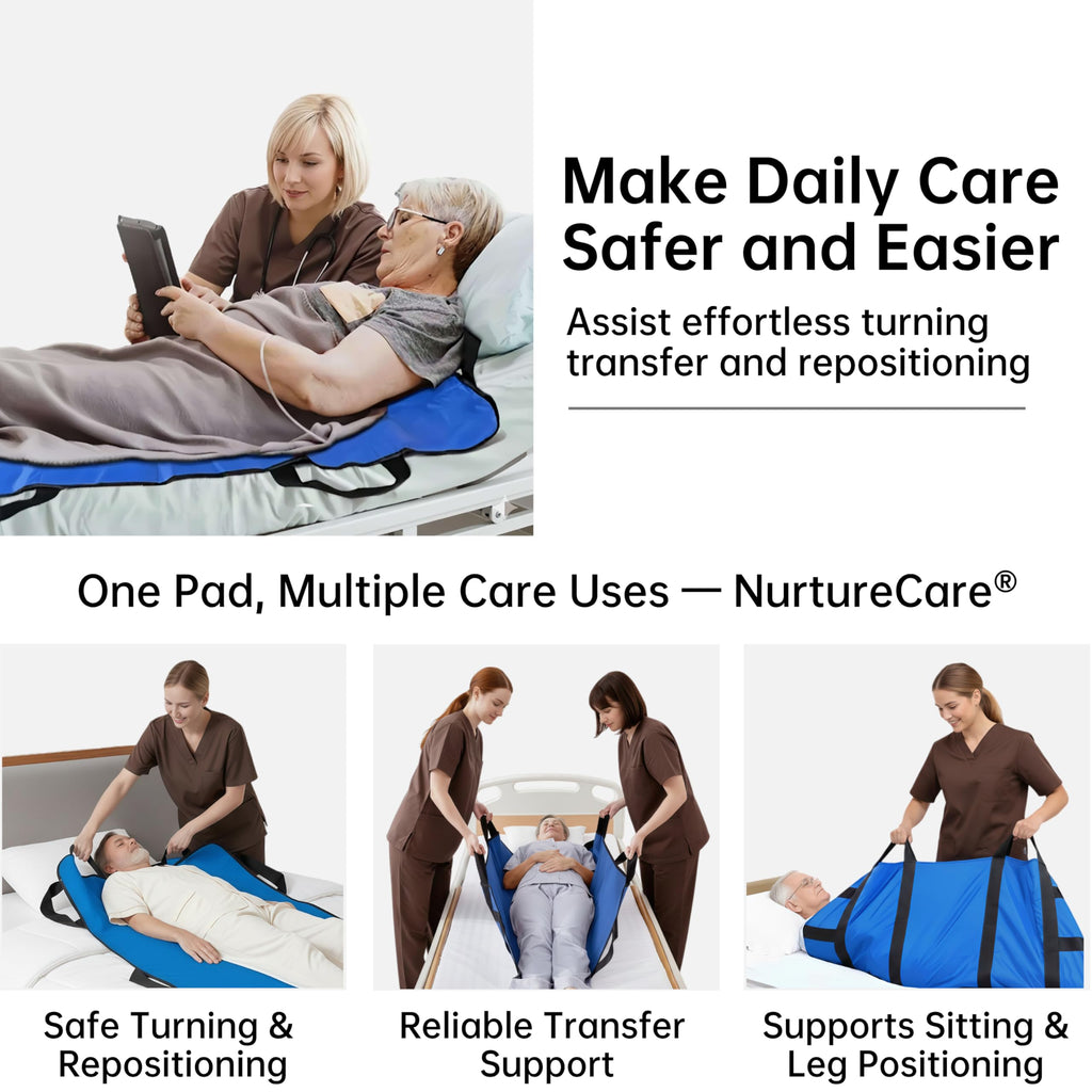 NurtureCare Positioning Bed Pad, Upgraded 3-Layer with 8 Reinforced Handles, Professional Patient Transfer Sliding Sheet for Turning, Lifting & Re-positioning, Hospital or Home Use (48" x 40", Blue)