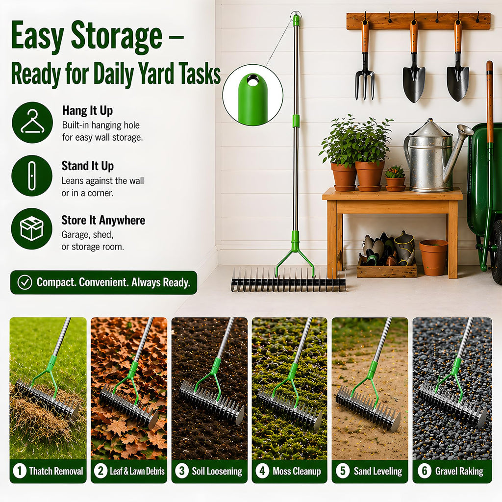 Heavy Duty Thatch Rake for Lawns - 13” Deep-Clean Dethatching Rake for Dead Grass & Moss Removal, Dual-Sided Manual Dethatcher and Scarifier Tool, 65" Long Metal Handle for Garden Yard Lawn Care
