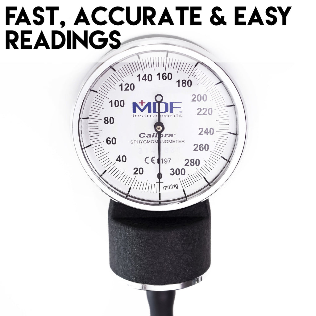 MDF Instruments, Calibra Aneroid Premium Professional Sphygmomanometer, Blood Pressure Monitor with Adult Cuff & Carrying Case, Lifetime Calibration, White Dial, Navy Blue Cuff, MDF808M04