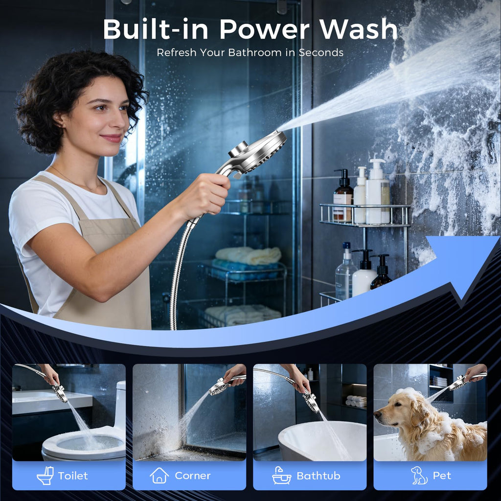 Rain Shower Head with Handheld,Dual Shower Head with Hose,Detachable 10" High Pressure Shower Head Combo with 9 Settings Shower Spray Built-in Magnetic Docking & Power Wash Mode (Chrome)