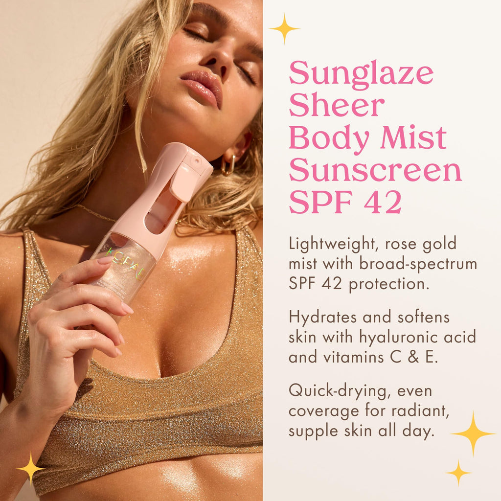 Kopari Rose Gold Sunglaze Sheer Body Mist Sunscreen SPF 42, Infused with Shimmering Body Oil, Hydrating Mist, Hydrates, Brightens, Makeup Friendly, Gives Skin a Glowy Finish, Lightweight,
