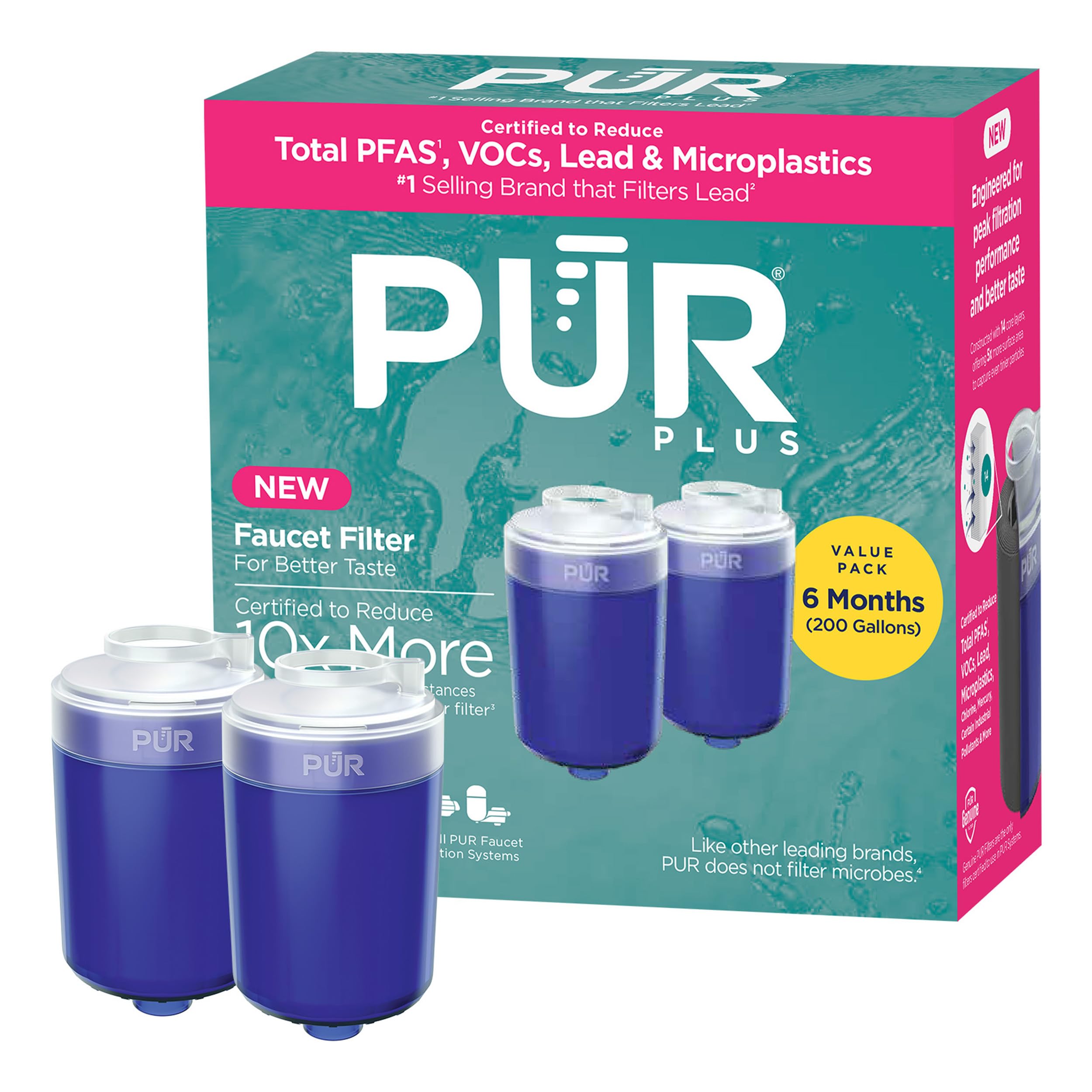 PUR PLUS Faucet Mount Replacement Water Filter 2-Pack, Genuine PUR Filter, 3-in-1 Powerful, Natural Mineral Filtration, Lead Removal, 6-Month Value, Blue (RF99992)