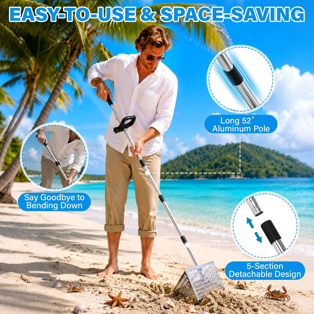 MENGBEI Sand Flea Rake, Beach Treasure Rake Stainless Steel – 16" Wide Stainless Steel Sand Sifter for Shark Teeth, Shells & Sand Crabs, Collapsible Design with Drain Screen
